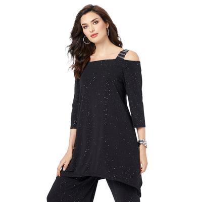 Plus Size Women's Embellished Cold-Shoulder Ultrasmooth® Fabric Top by Roaman's in Black Sparkle (Size 12)