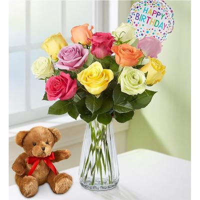 1-800-Flowers Flower Delivery Happy Birthday Assorted Roses, 12-24 Stems, 12 Stems W/ Clear Vase & Bear | Same Day Delivery Available