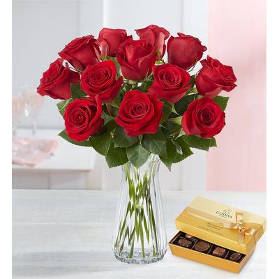 1-800-Flowers Flower Delivery One Dozen Red Roses W/ Clear Vase & Godiva Chocolate | 100% Satisfaction Guaranteed