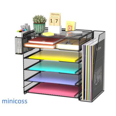 Latitude Run® Mesh Desk Organizer, Paper Letter Tray w/ 5 Tier Racks Shelves,1 Extra Vertical File Sorter & Pen Holders For Office Supplies Metal