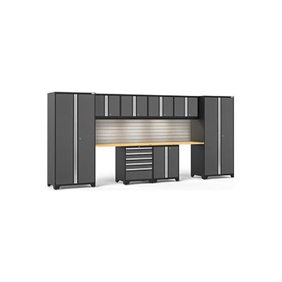 NewAge Products PRO 3.0 Series Grey 10-Piece Cabinet Set with Bamboo Top Slatwall and LED Lights