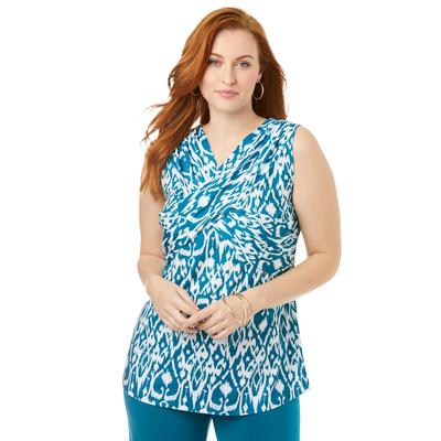 Plus Size Women's Twist Front Knit Tank by The London Collection in Deep Teal Brushed Tribal (Size 1X)