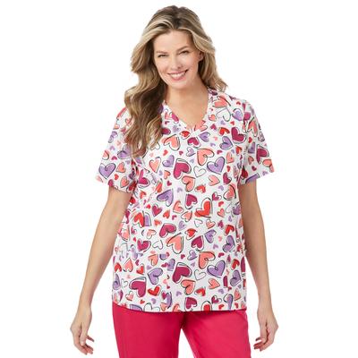 Plus Size Women's V-Neck Scrub Top by Comfort Choice in White Heart (Size M)