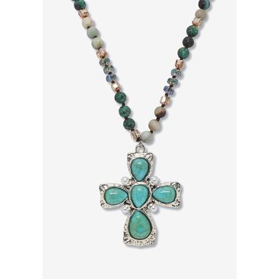 Women's Genuine Jasper, Amazonite And Freshwater Pearl Silvertone Cross Necklace 32 Inch by PalmBeach Jewelry in Blue