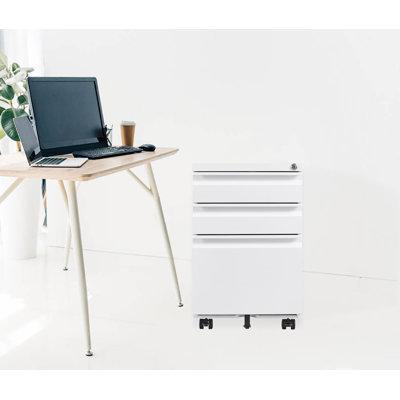 Inbox Zero Locking 3-Drawer Filing Cabinet w/ 5 Moving Wheels - Rolling Filing Cabinet For Letter/A4 Size in White | Wayfair