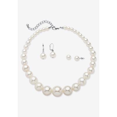 Women's Simulated Pearl Silvertone Necklace And 2-Pair Earrings Set by PalmBeach Jewelry in Silver