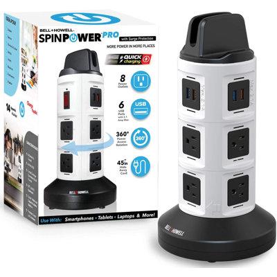Bell + Howell 360 Degree Spin Power Pro Tower w/ 8 Outlets & 6 B Ports in Black/White | Wayfair 7253