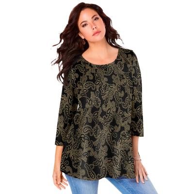 Plus Size Women's Three-Quarter Sleeve Swing Ultimate Tee by Roaman's in Black Outline Vines (Size 12) Shirt