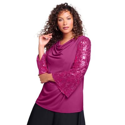 Plus Size Women's Ultrasmooth® Fabric Embellished Bell-Sleeve Blouse by Roaman's in Raspberry Damask Sequin (Size 14/16)