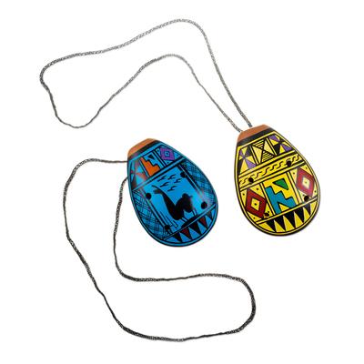 River Harmony,'Pair of Handcrafted Blue and Yellow Ceramic Andean Ocarinas'