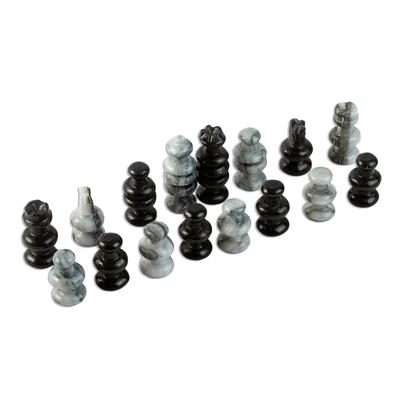 Sophisticate,'Hand Carved Grey Marble-Black Obsidian Chess Pieces Set'