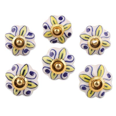 Bright Sunshine,'Ceramic Cabinet Knobs Floral Yellow White (Set of 6) India'