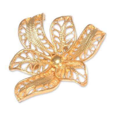'Tropical Orchid' - Handcrafted Floral Vermeil Filigree Brooch Pin