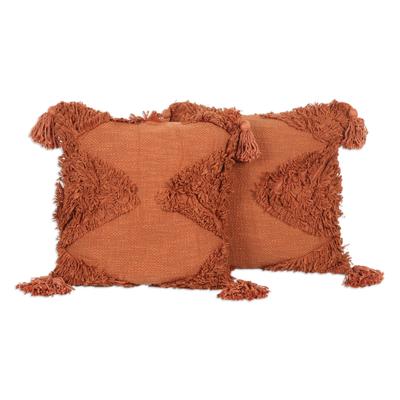 'Pair of Embroidered Copper-Toned Cotton Cushion Covers'