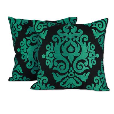 Cotton cushion covers, 'Teal Beauty' (pair)