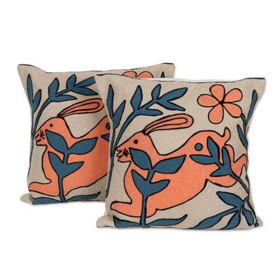 Forest Deer,'Embroidered Deer Motif Cotton Cushion Covers (Pair)'