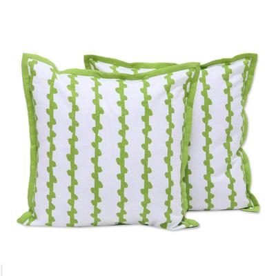 Green Vines,'Green and White Cotton Printed Vines Pair of Cushion Covers'