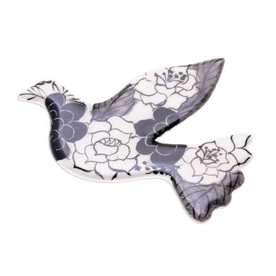 Rosy Dove,'Black Floral Ceramic Dove Brooch Pin from Thailand'
