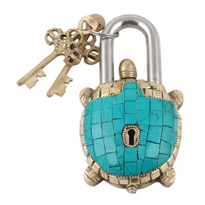 Playing Safe,'Brass Lock and Key Set with Turtle Motif (3 Pieces)'