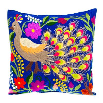 Peacock Party,'Hand-Embroidered Multicolored Cushion Cover'