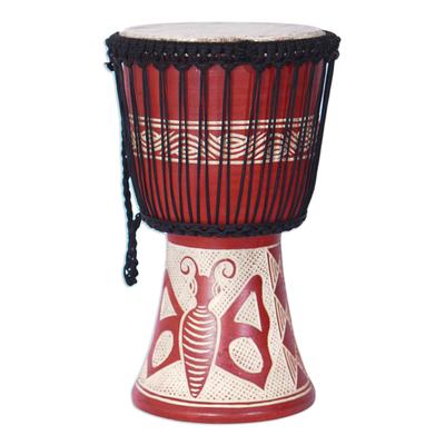 'Butterfly-Themed Red Sese Wood and Goat Skin Djembe Drum'