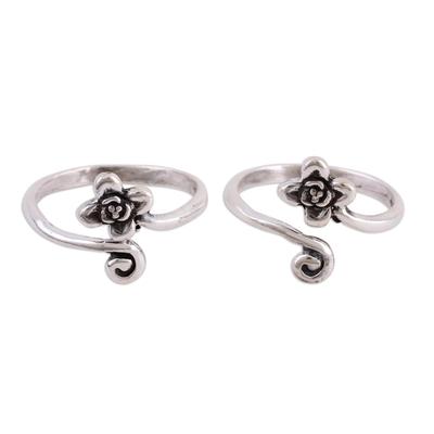 Flower and Swirl,'Flower Motif Toe Rings Handmade in Sterling Silver (Pair)'