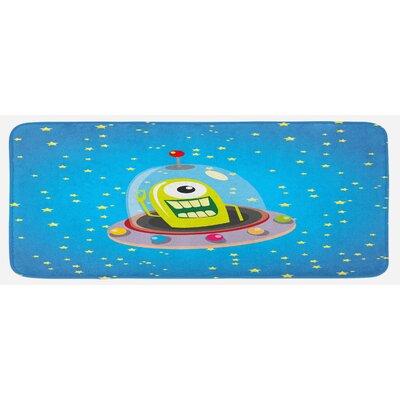 East Urban Home Comic Ufo Alien In Outer Space w/ Stars Galaxy Journey Caricature Cartoon Multicolor Kitchen Mat, Polyester | Wayfair