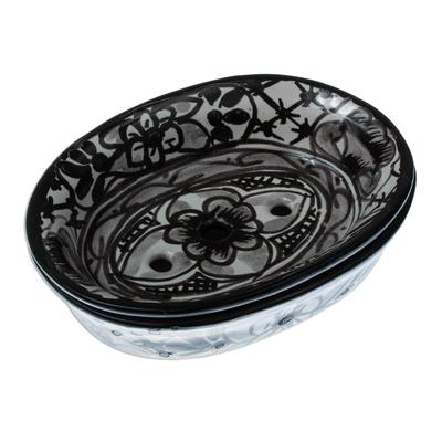 Monochrome Flowers,'Black and White Ceramic Soap Dish from Mexico'