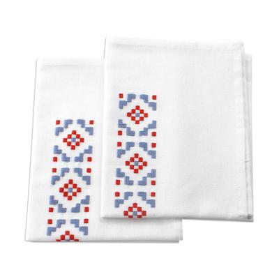 Intense Dreams,'Geometric Embroidered Blue and Red Cotton Tea Towels (Pair)'