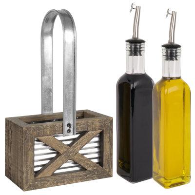 Gracie Oaks Rexroth Rustic Oil & Vinegar Holder Set w/ Holder Glass in Black/Yellow | 9.9 H x 5.5 W x 3 D in | Wayfair