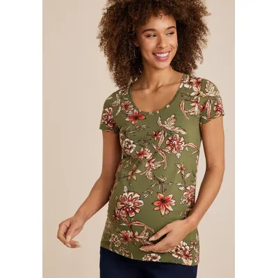 Maurices Women's Floral Scoop Neck Maternity Tee Green Size Medium