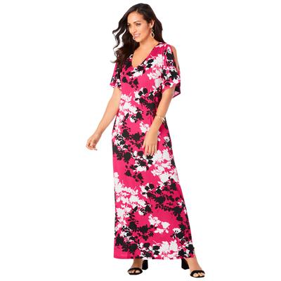 Plus Size Women's Stretch Knit Cold Shoulder Maxi Dress by Jessica London in Pink Burst Graphic Floral (Size 36 W)