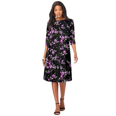 Plus Size Women's Ultrasmooth® Fabric Boatneck Swing Dress by Roaman's in Purple Rose Floral (Size 38/40) Stretch Jersey 3/4 Sleeve Dress