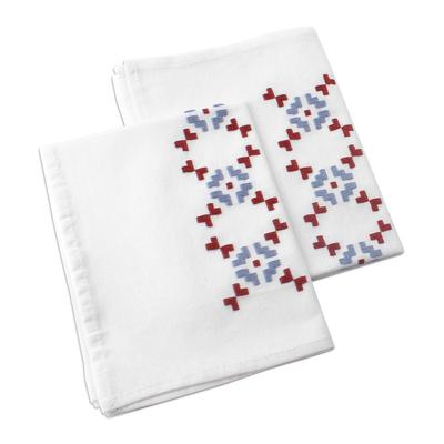 Royal Serenity,'Pair of Embroidered Red and Blue Cotton Tea Towels'