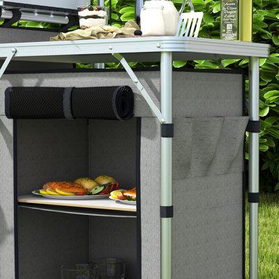 Outsunny Folding Camping Kitchen w/ Windshield Fabric Cupboards Grey Metal in Gray | 46.9 H x 67.7 W x 18.9 D in | Outdoor Furniture | Wayfair