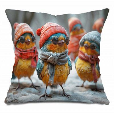 East Urban Home 12939_Chickadees Attire Throw Pillow, Artwork Cotton Twill Pillows Polyester/Polyfill/Cotton Blend in Blue/Orange/Red | Wayfair