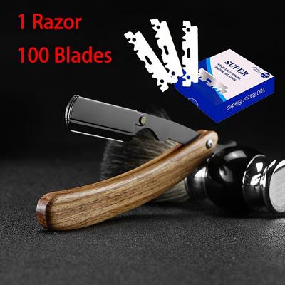 Manual Barber Razor With Wooden Handle, Stainless Steel Straight Edge Razor With 100 Blades For Hair Removal, Suitable For Barber Salon And Home Use