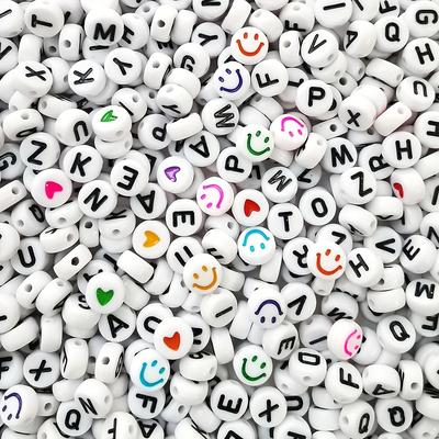 1000pcs/500pcs Letter Beads Smiling Beads And Heart Beads 7x4mm White Acrylic Black Alphabet Beads For Jewelry Making Bracelet