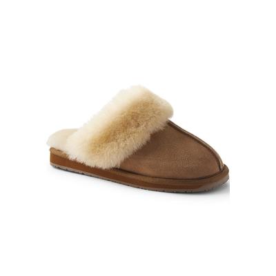 Women's Suede Leather Fuzzy Shearling Fur Scuff Slippers - Lands' End - Brown - 7