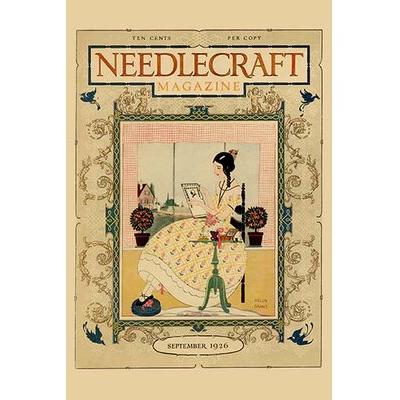 Buyenlarge 'Victorian Girl Does Needlepoint Portrait' by Needlecraft Magazine Painting Print in Yellow, Size 36.0 H x 24.0 W x 1.5 D in | Wayfair