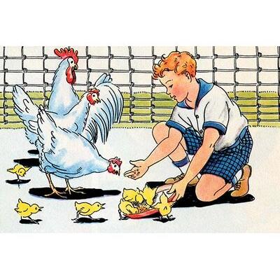 Buyenlarge Feeding the Chickens - Print in Blue/Green/White | 44 H x 66 W x 1.5 D in | Wayfair 0-587-27462-xC4466