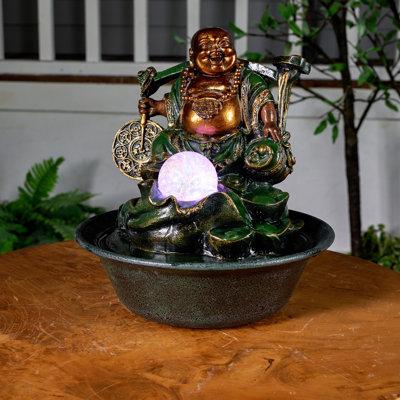 Hi-Line Gift Ltd. Resin Lucky Buddha Rotating Ball Fountain w/ Light | 10 H x 9 W x 9 D in | Wayfair 79074