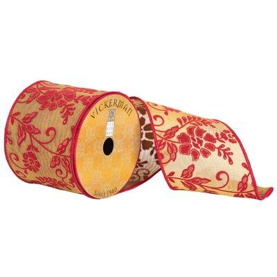 The Holiday Aisle® Flower Pattern & Flock Border Ribbon Fabric in Brown/Red | 0.2 H x 4 W x 360 D in | Wayfair 685AAF25565C488799F15452D71D31DB