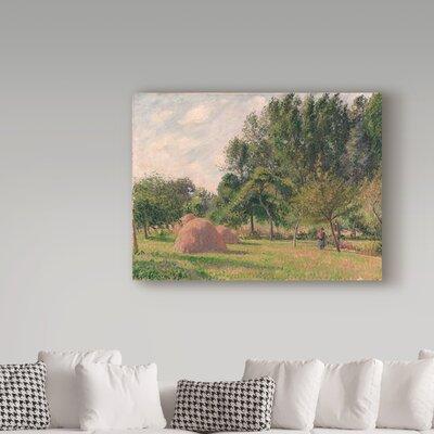 Trademark Fine Art 'Haystacks Morning Eragny' by Camille Pissarro Oil Painting Print on Wrapped Canvas in Blue/Green | 24 H x 32 W x 2 D in | Wayfair