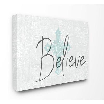 Winston Porter Believe w/ Holy Cross Wood Texture by Daphne Polselli - Graphic Art Print on Wood in Blue/Brown/White | 24 H x 30 W in | Wayfair