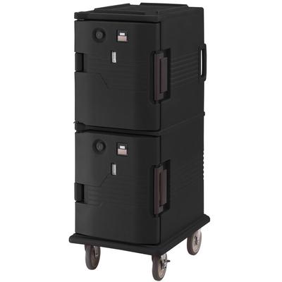 Cambro Hot Box | UPCH8002110 Black Ultra Camcart Two Compartment Heated Holding Pan Carrier with Casters, Both Compartments Heated - 220V (International Use Only)