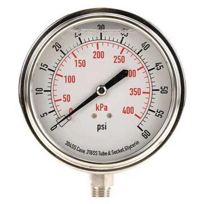 ZORO SELECT 4CFJ8 Pressure Gauge, 0 to 60 psi, 1/4 in MNPT, Stainless Steel,
