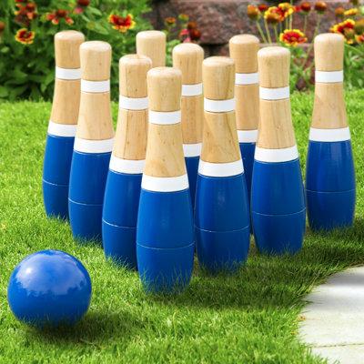 Hey! Play! 8 Inch Wooden Lawn Bowling Set Solid Wood in Blue/Brown/White, Size 8.0 H x 2.0 W x 2.0 D in | Wayfair M420001