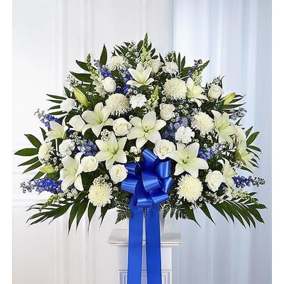 1-800-Flowers Flower Delivery Heartfelt Sympathies Blue & White Funeral Standing Basket Large