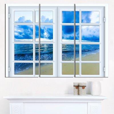 Design Art Closed Window to Blue Seascape - 3 Piece Graphic Art on Wrapped Canvas Set Canvas in Orange/White | 28 H x 36 W x 1 D in | Wayfair